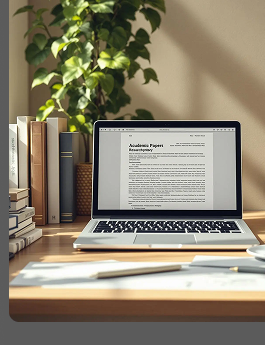 Academic paper open on a laptop beside books and a plant